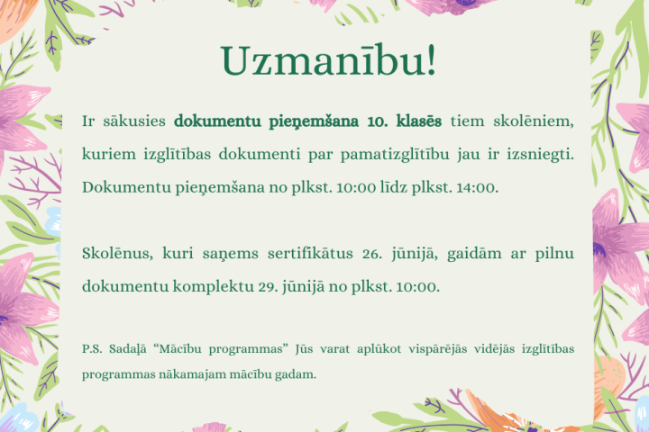Dokumentu pieņemšana 10. klasēs